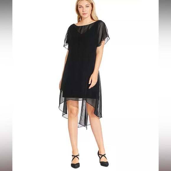 NWT Adrianna Papell Black Chiffon Flutter Sleeve A-Line Dress XS - Picture 1 of 5